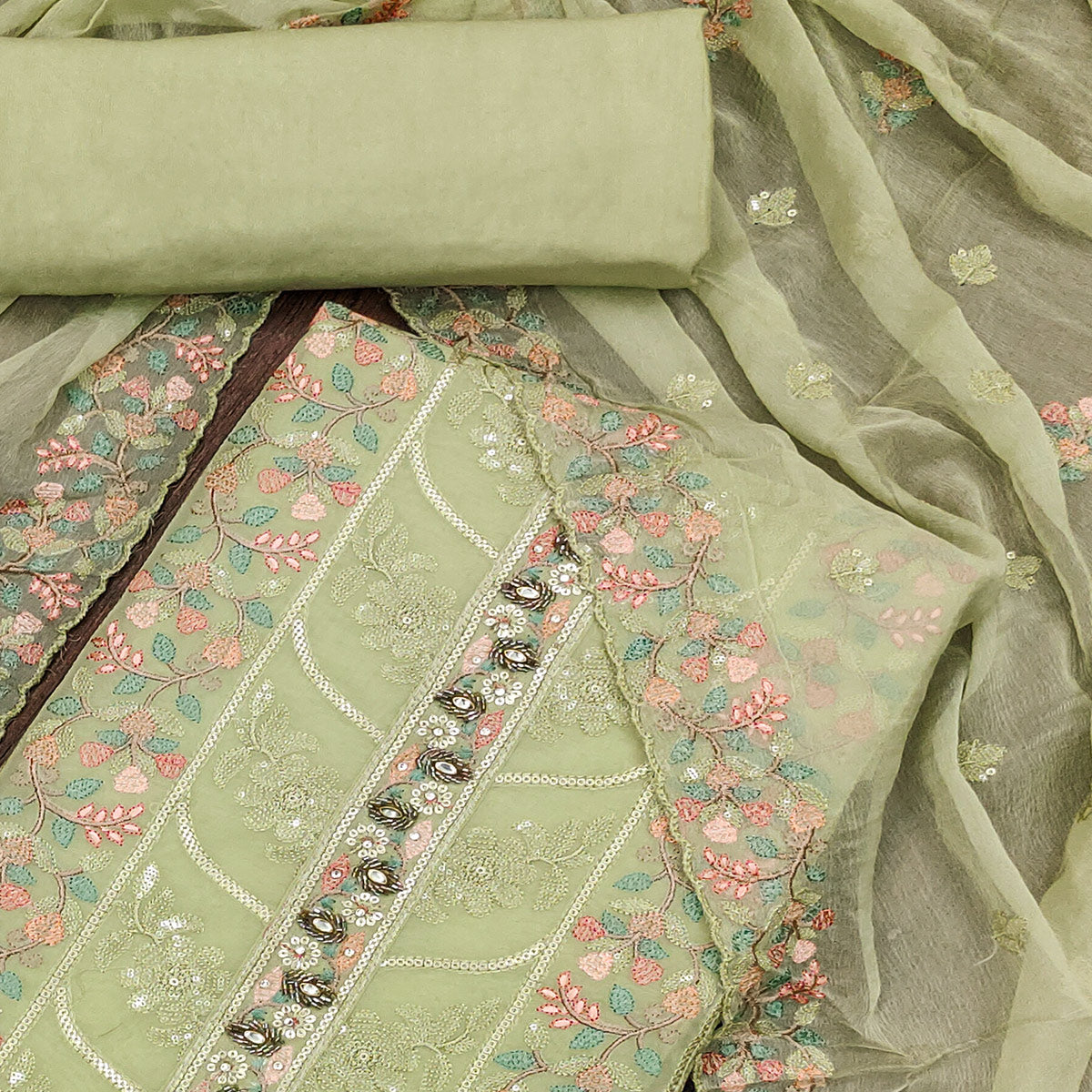 Green Floral Sequins Embroidered Organza Dress Material