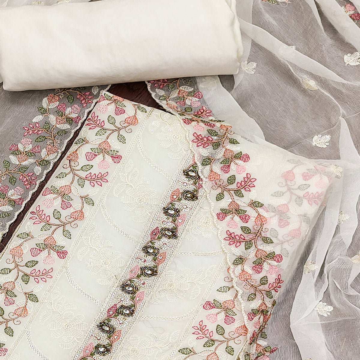 Offwhite Floral Sequins Embroidered Organza Dress Material