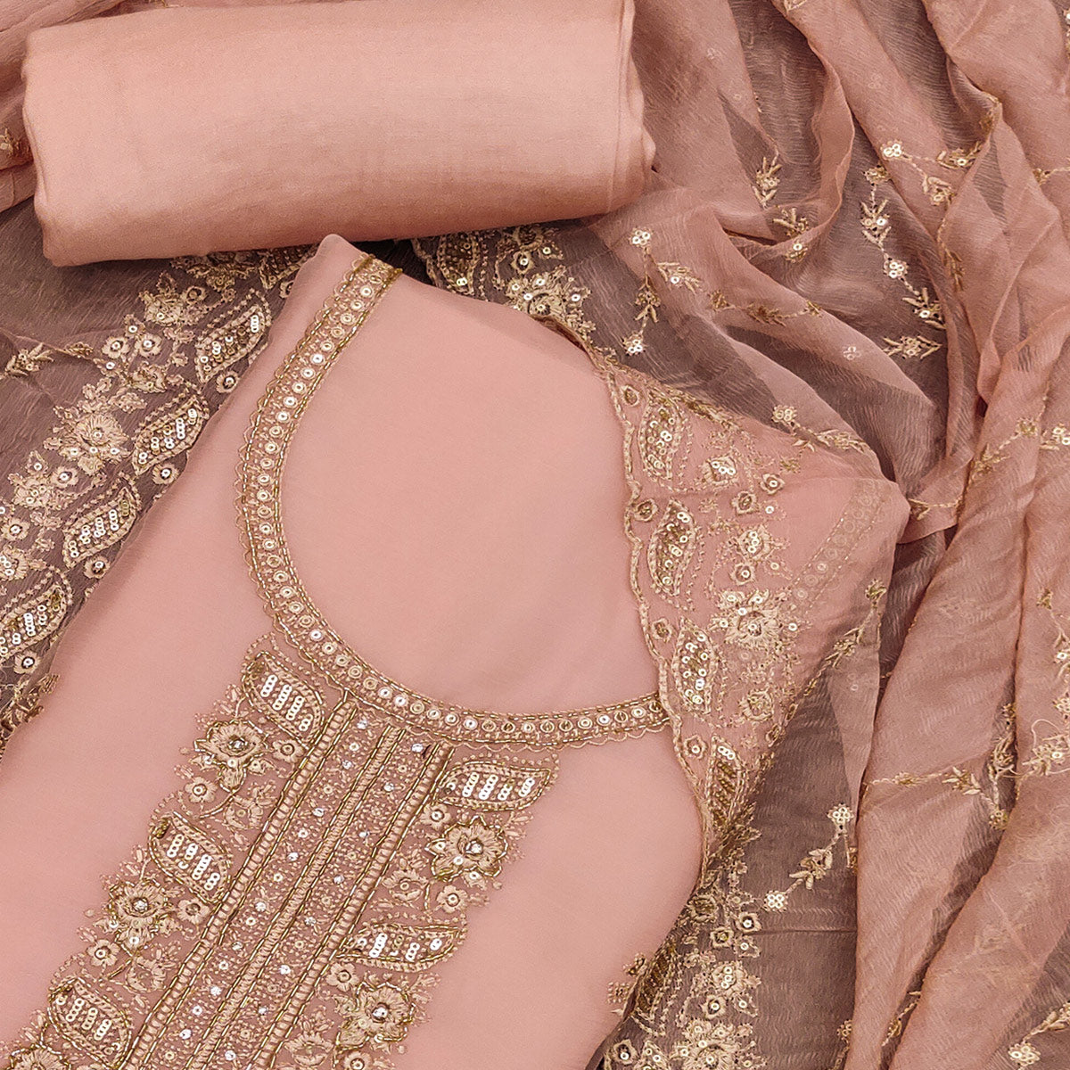 Peach Floral Sequins Embroidered Chiffon Dress Material