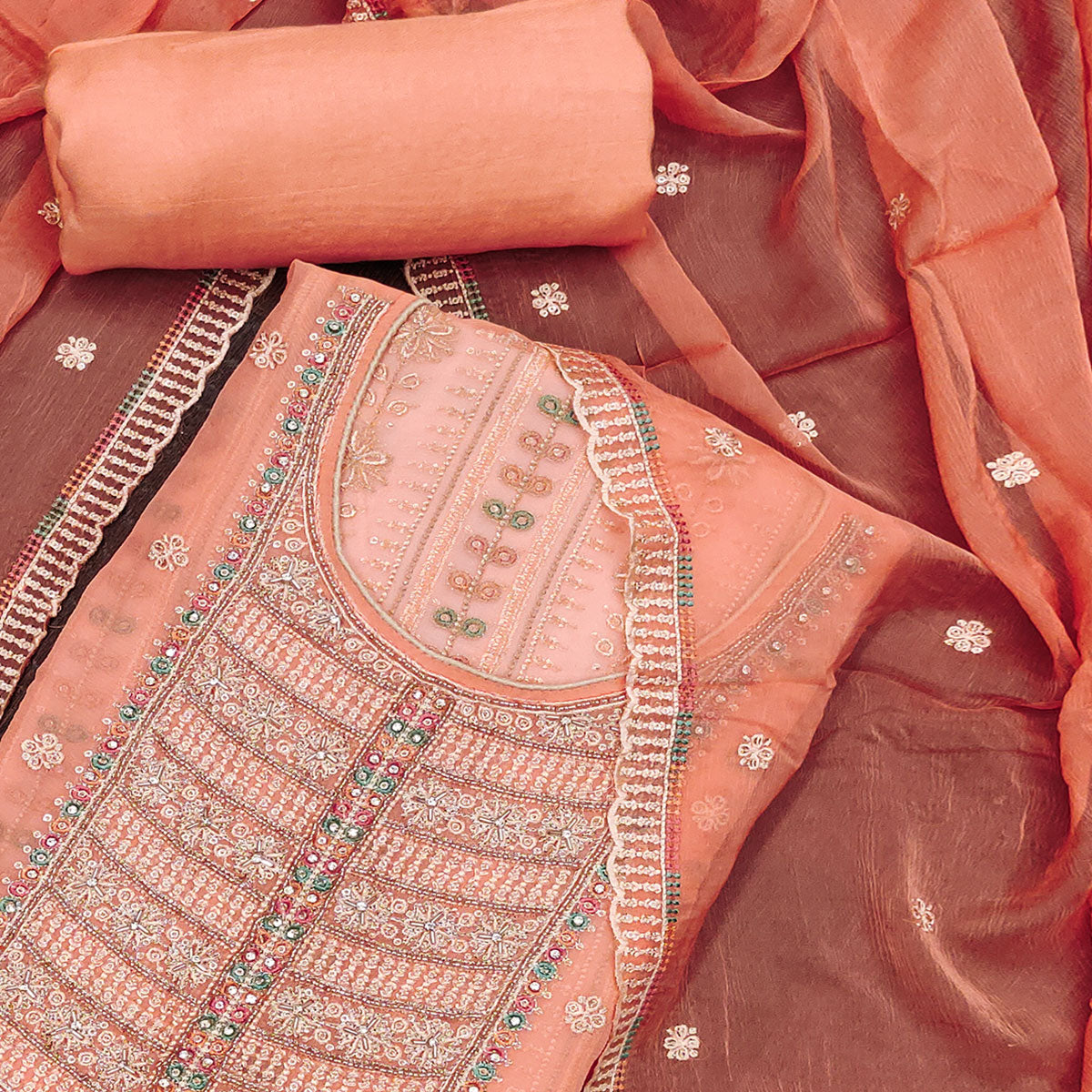 Elegant Orange Chiffon Unstitched Dress Material with Exquisite Embroidery