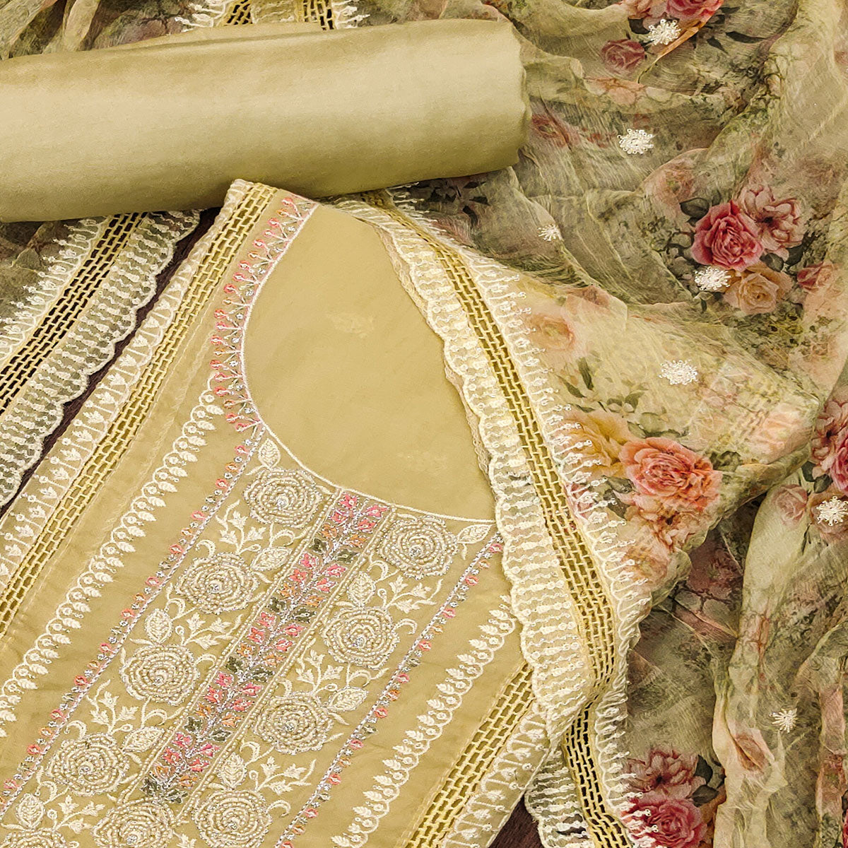 Beige Floral Hand Embroidered Organza Dress Material