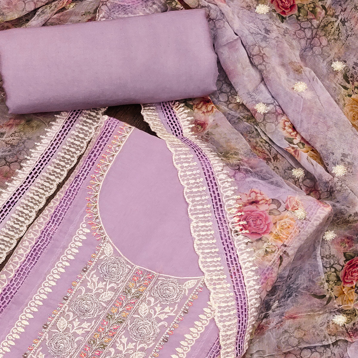 Elegant Purple Organza Unstitched Dress Material with Floral Dupatta