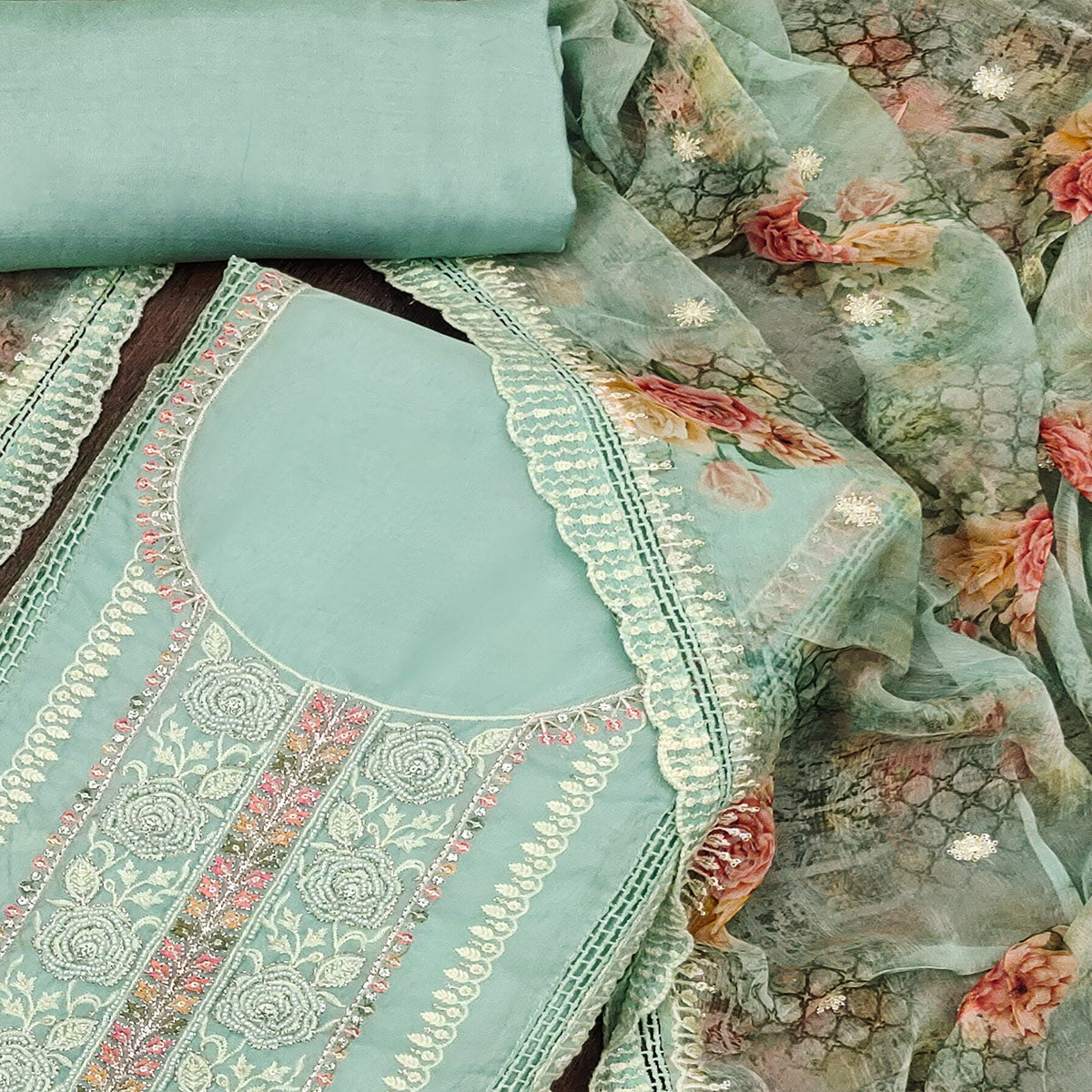 Turquoise Floral Hand Embroidered Organza Dress Material