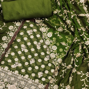 Green Floral Embroidered With Woven Georgette Dress Material