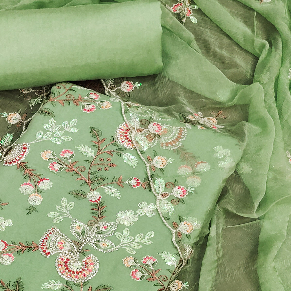 Green Floral Embroidered With Stonework Organza Dress Material