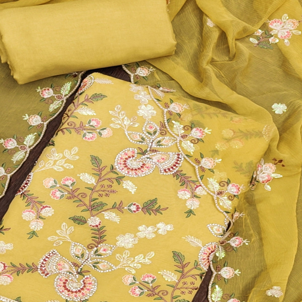 Yellow Floral Embroidered With Stonework Organza Dress Material