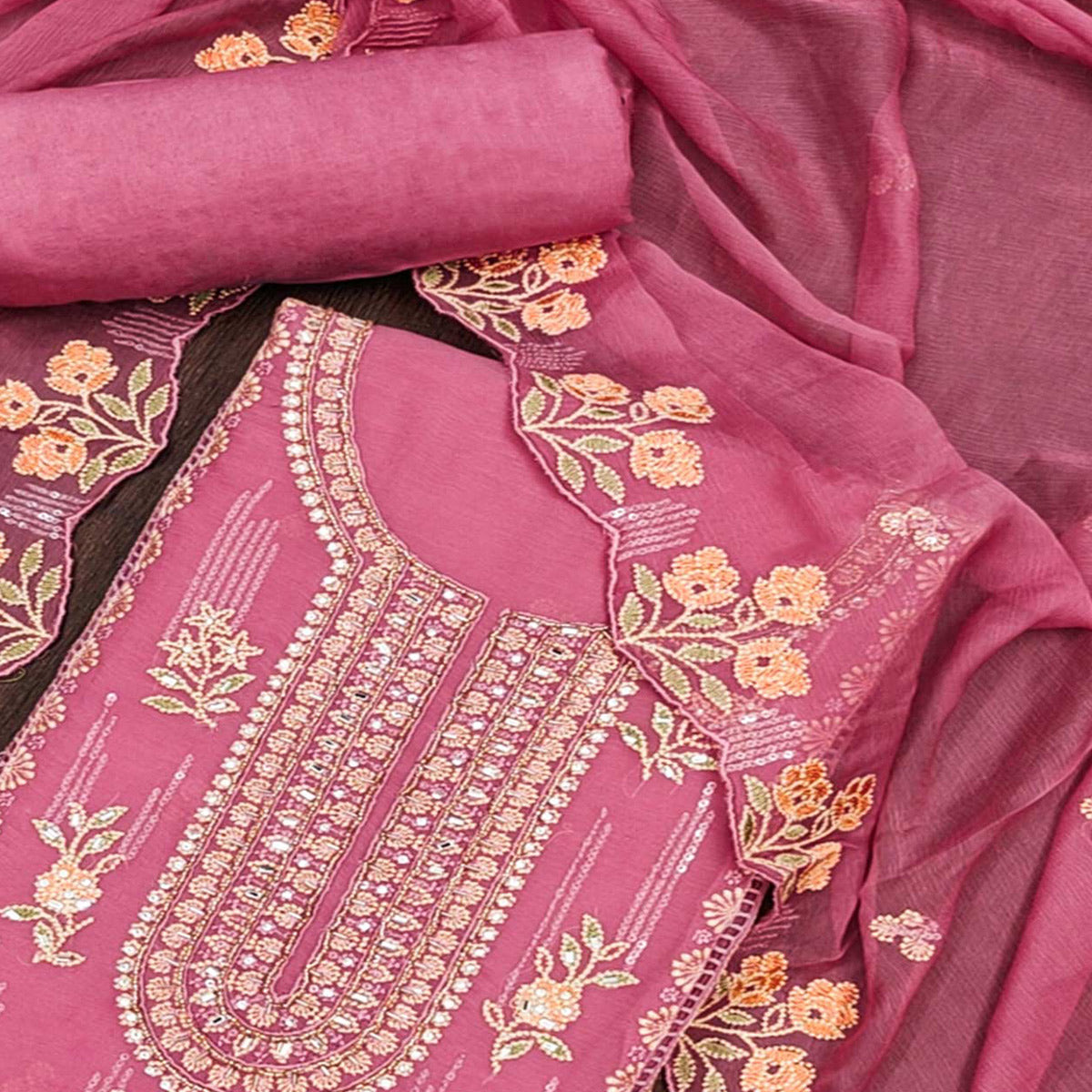 Pink Floral Embroidered Chiffon Dress Material