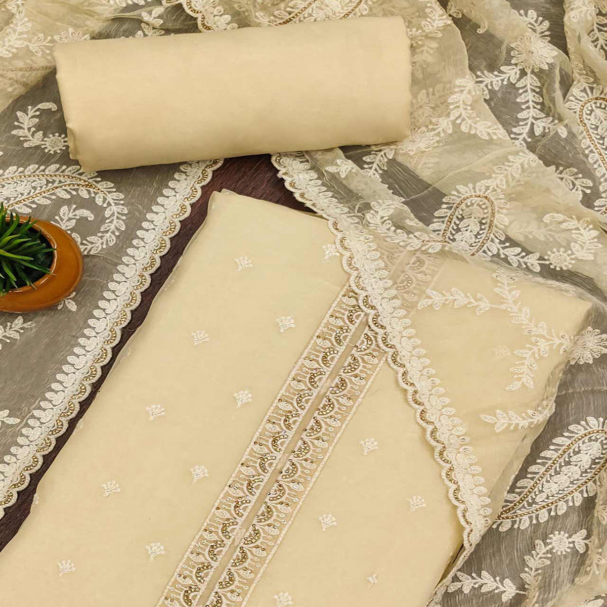 Beige Embroidered Organza Dress Material