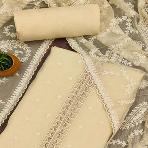 Beige Embroidered Organza Dress Material