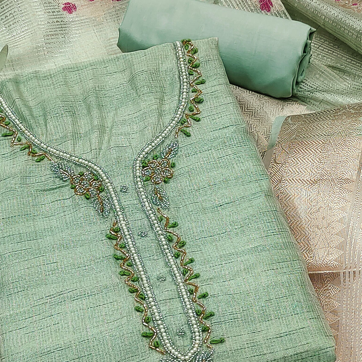 Green Woven With Handwork Tissue Dress Material