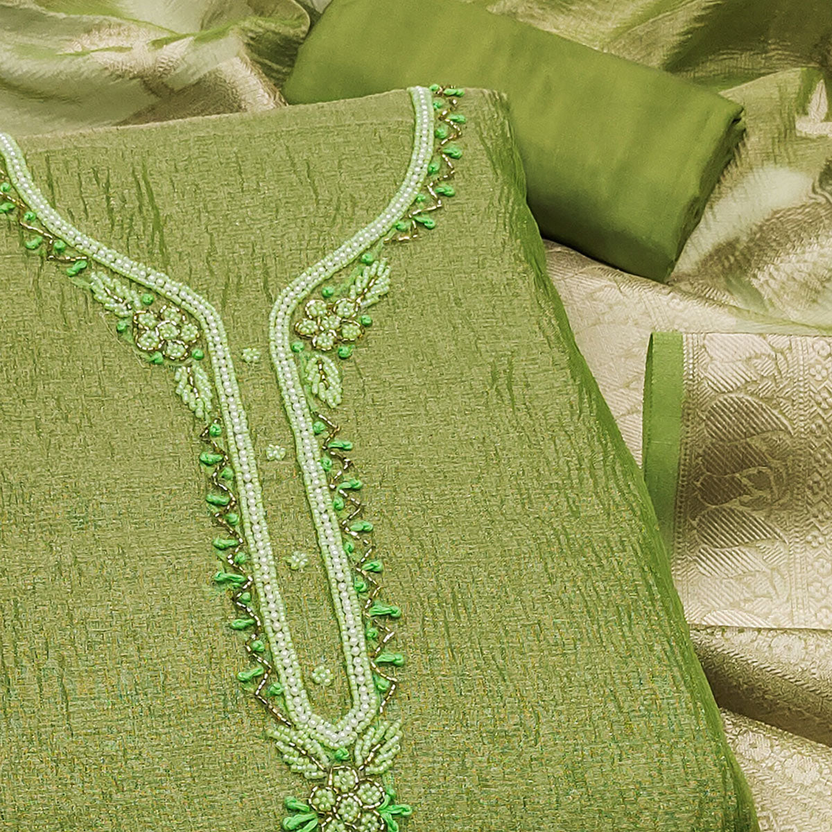 Mehendi Green Woven With Handwork Crush Tissue Dress Material