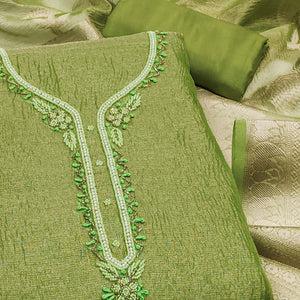 Mehendi Green Woven With Handwork Crush Tissue Dress Material