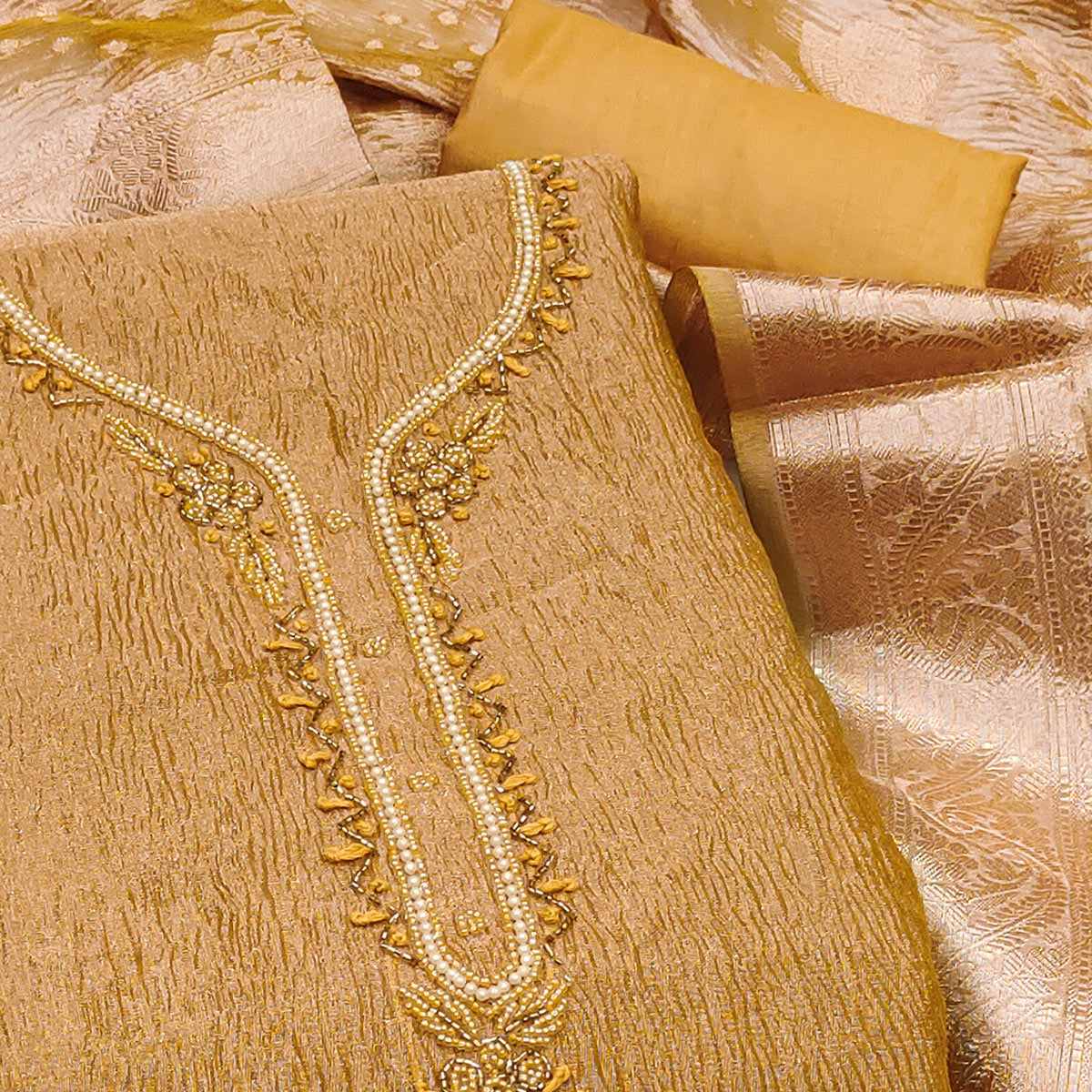 Mustard Woven With Handwork Crush Tissue Dress Material