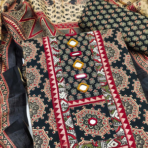 Ethnic Black Floral Printed Pure Cotton Dress Material Accented With Fine Neck Embroidery Work