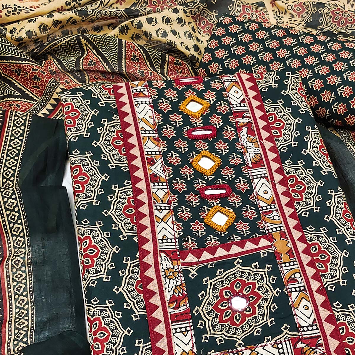 Ethnic Green Floral Printed Pure Cotton Dress Material Accented With Fine Neck Embroidery Work