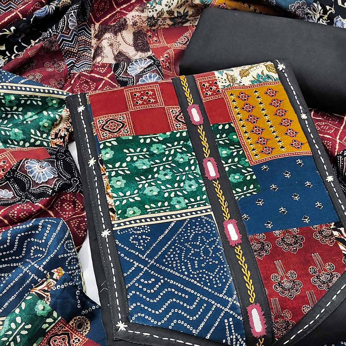 Ethnic Black Solid With Printed Pure Cotton Dress Material With Neck Embroidery Work