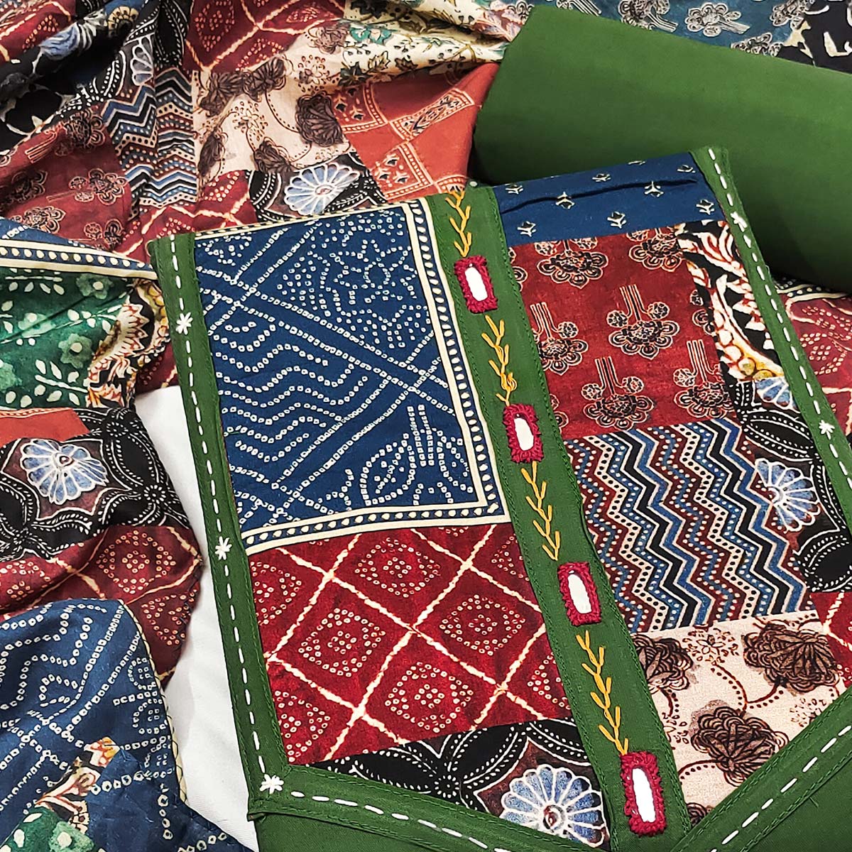 Ethnic Green Solid With Printed Pure Cotton Dress Material With Neck Embroidery Work