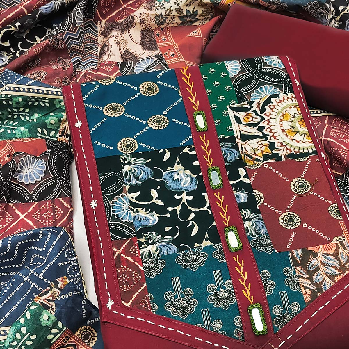 Ethnic Maroon Solid With Printed Pure Cotton Dress Material With Neck Embroidery Work