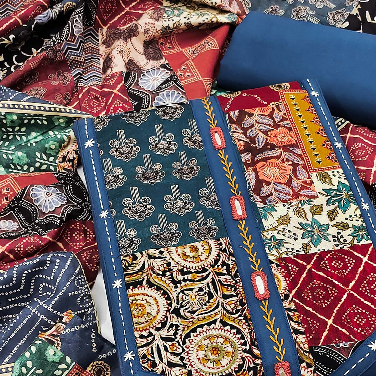 Ethnic Navy Blue Solid With Printed Pure Cotton Dress Material With Neck Embroidery Work