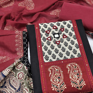 Trendy Black Solid With Printed Pure Cotton Dress Material With Neck Sequins Embroidery Work