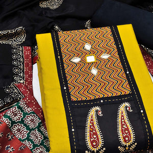 Trendy Yellow Solid With Printed Pure Cotton Dress Material With Neck Sequins Embroidery Work