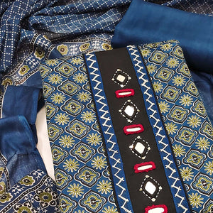 Premium Blue Floral Printed Pure Cotton Dress Material With Delicate Neck Embellishments