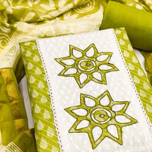 Green Leaf & Striped Printed Pure Cotton Dress Material Accented With Floral Embroidered Neckline