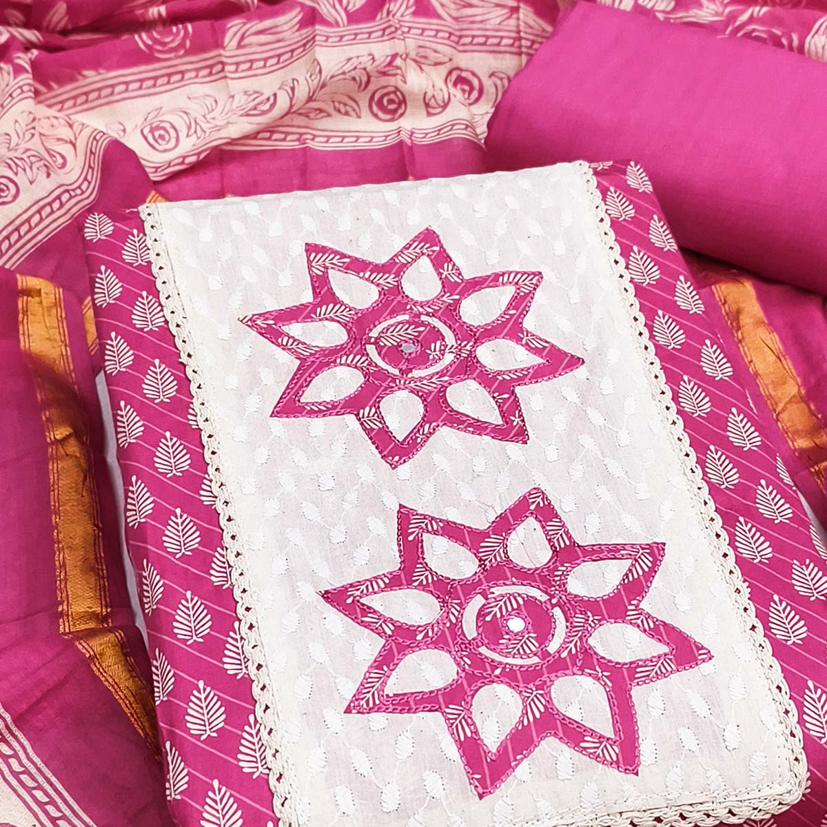 Pink Leaf & Striped Printed Pure Cotton Dress Material Accented With Floral Embroidered Neckline