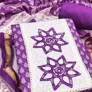 Purple Leaf & Striped Printed Pure Cotton Dress Material Accented With Floral Embroidered Neckline