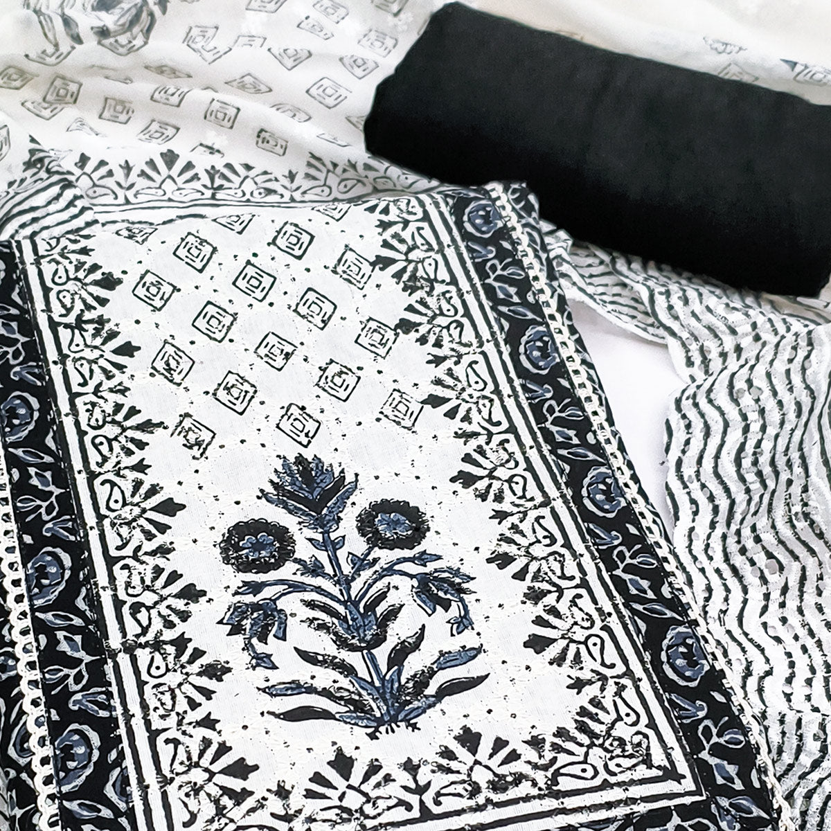 Refined Black Floral Printed Pure Cotton Dress Material With A Clean Contemporary Look