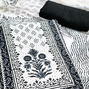 Refined Black Floral Printed Pure Cotton Dress Material With A Clean Contemporary Look