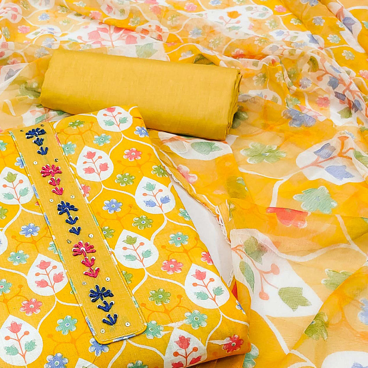 Yellow Floral Printed Pure Cotton Dress Material