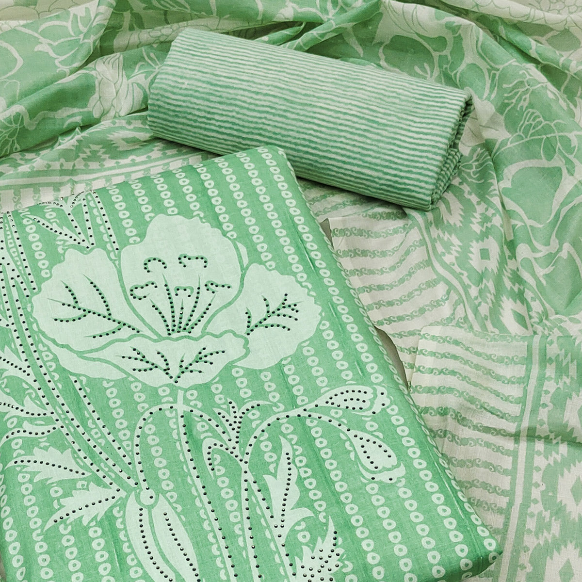 Green Floral Printed With Yoke Embroidered Pure Cotton Dress Material