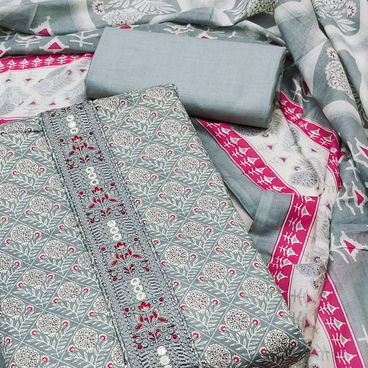 Grey Floral Printed With Yoke Embroidered Pure Cotton Dress Material