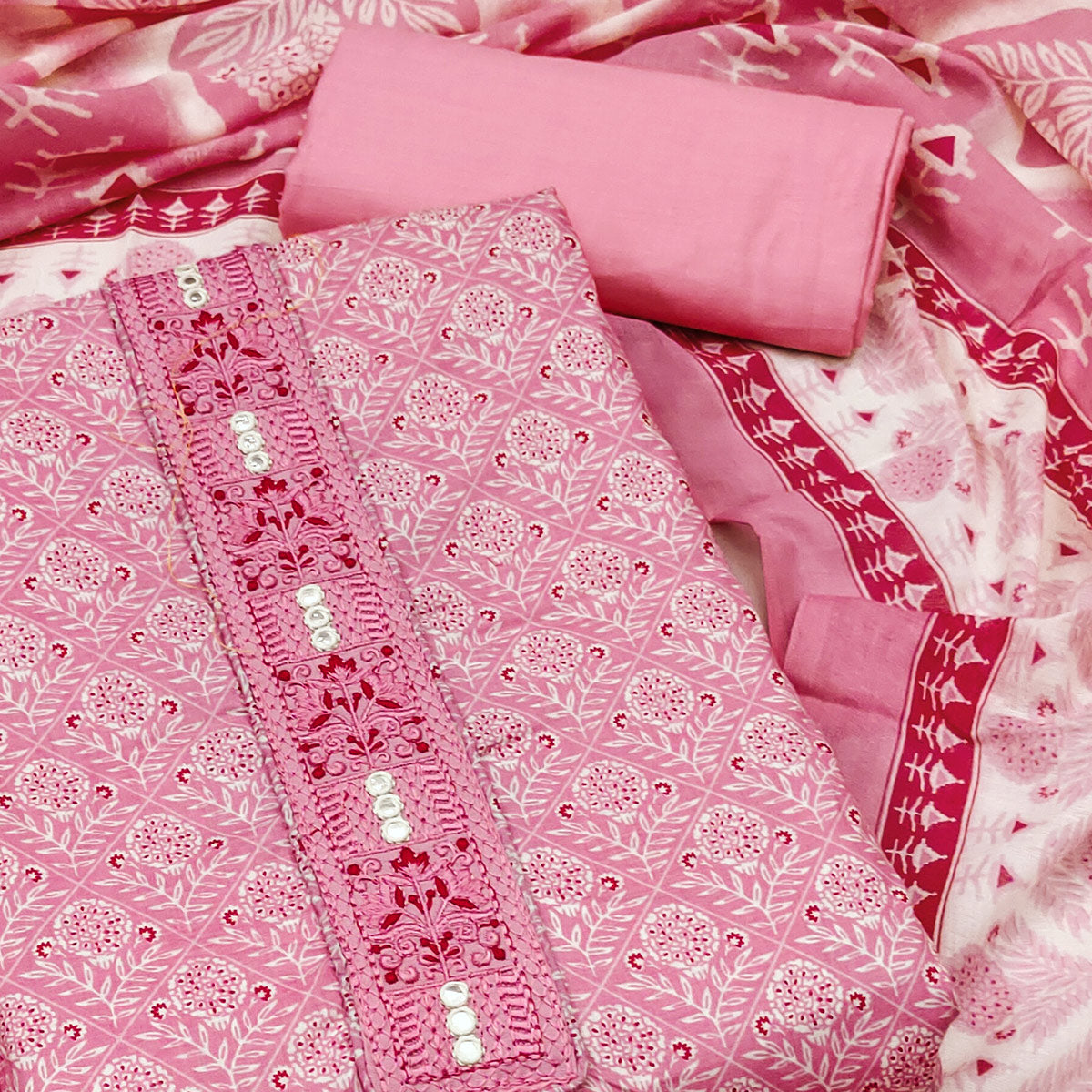 Pink Floral Printed With Yoke Embroidered Pure Cotton Dress Material