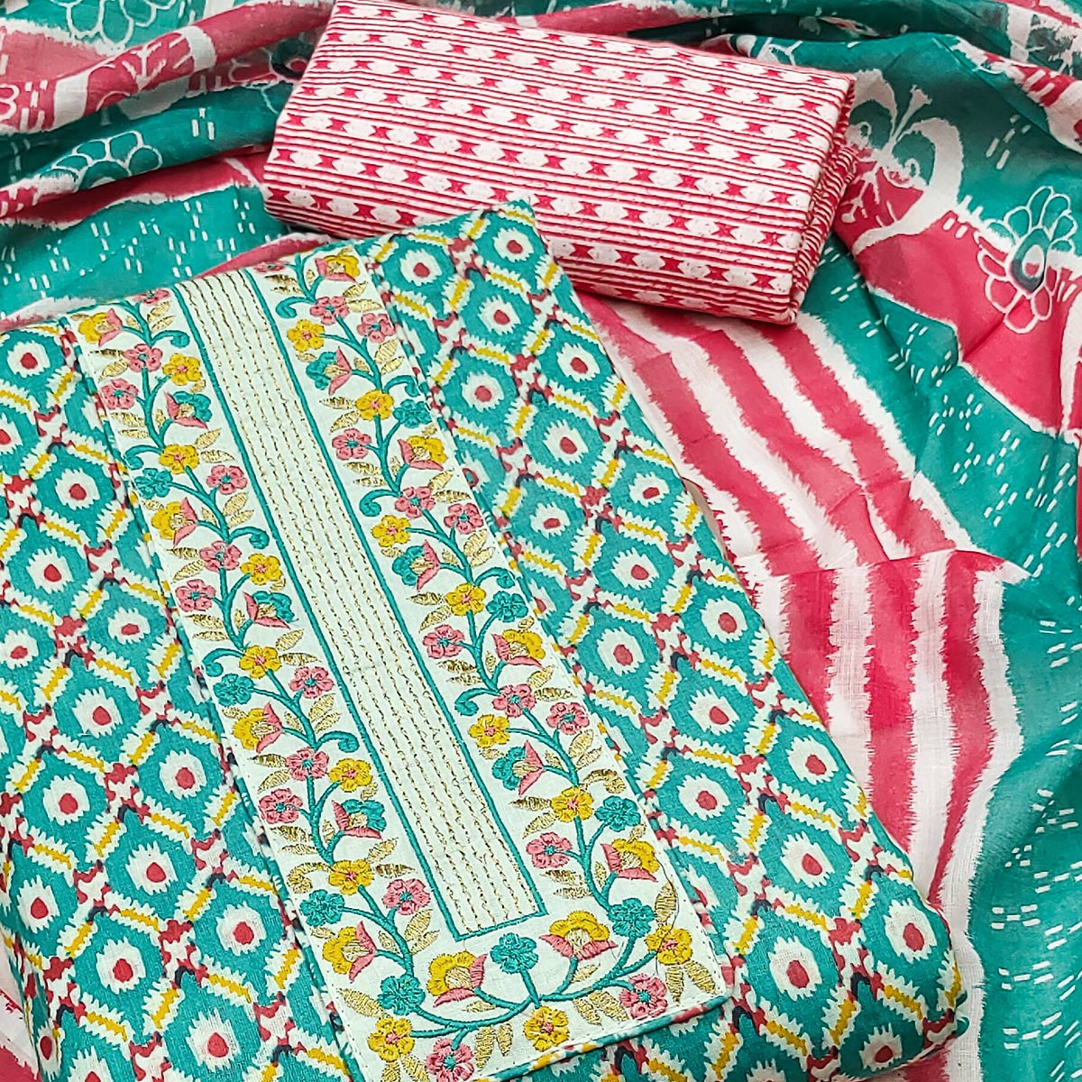 Turquoise Printed With Yoke Embroidered Pure Cotton Dress Material