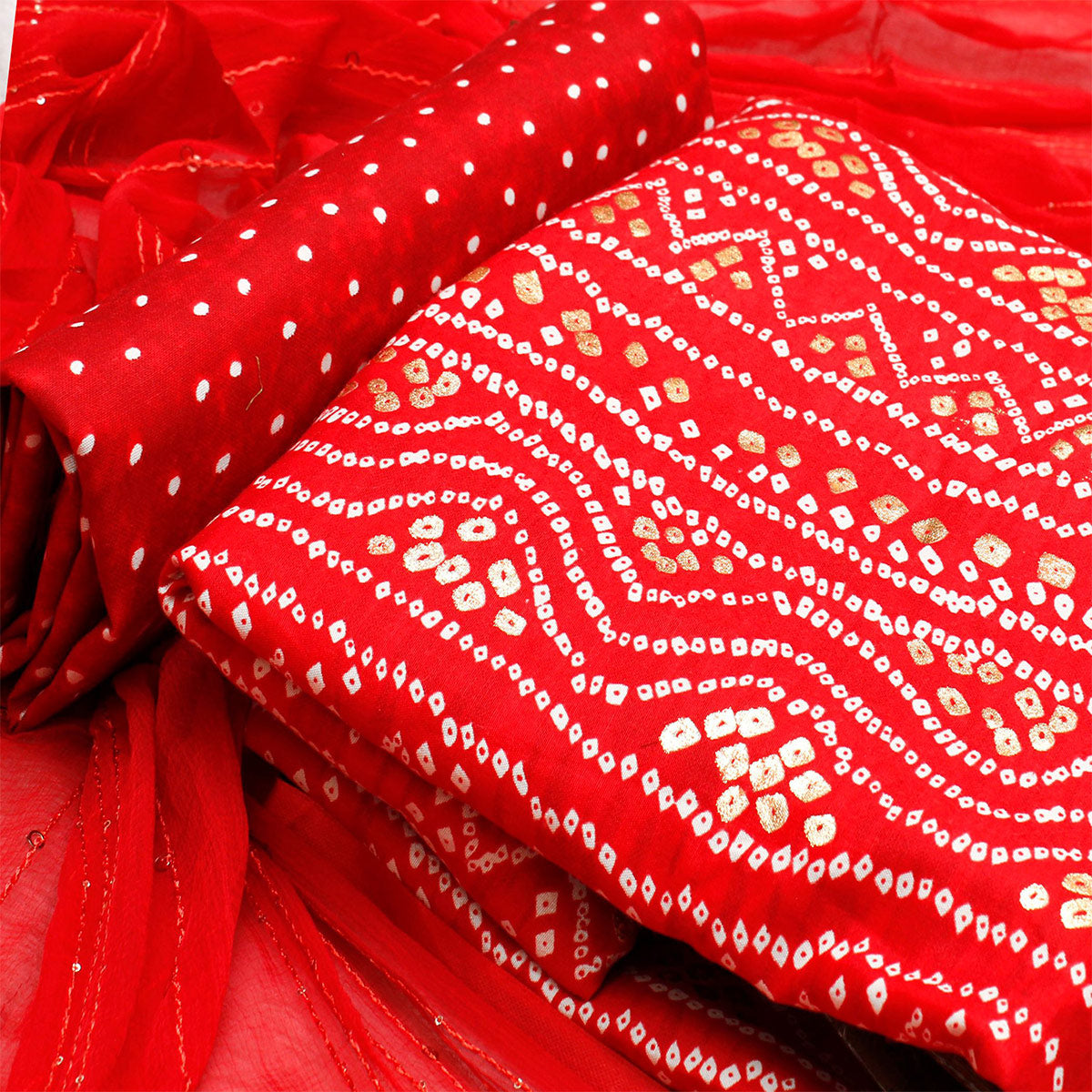 Red Foil Printed Pure Cotton Dress Material