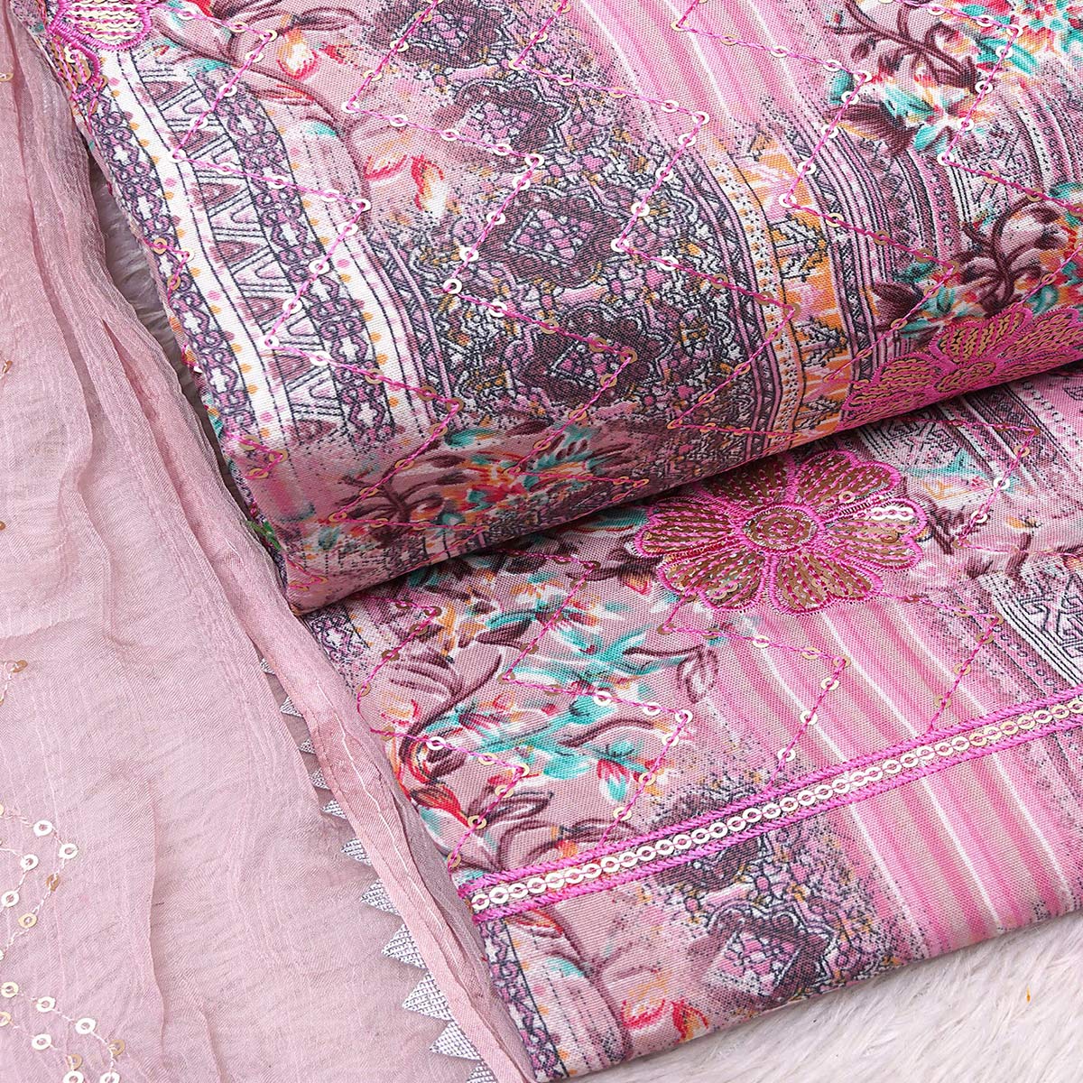 Pink Floral Foil Printed Pure Cotton Dress Material