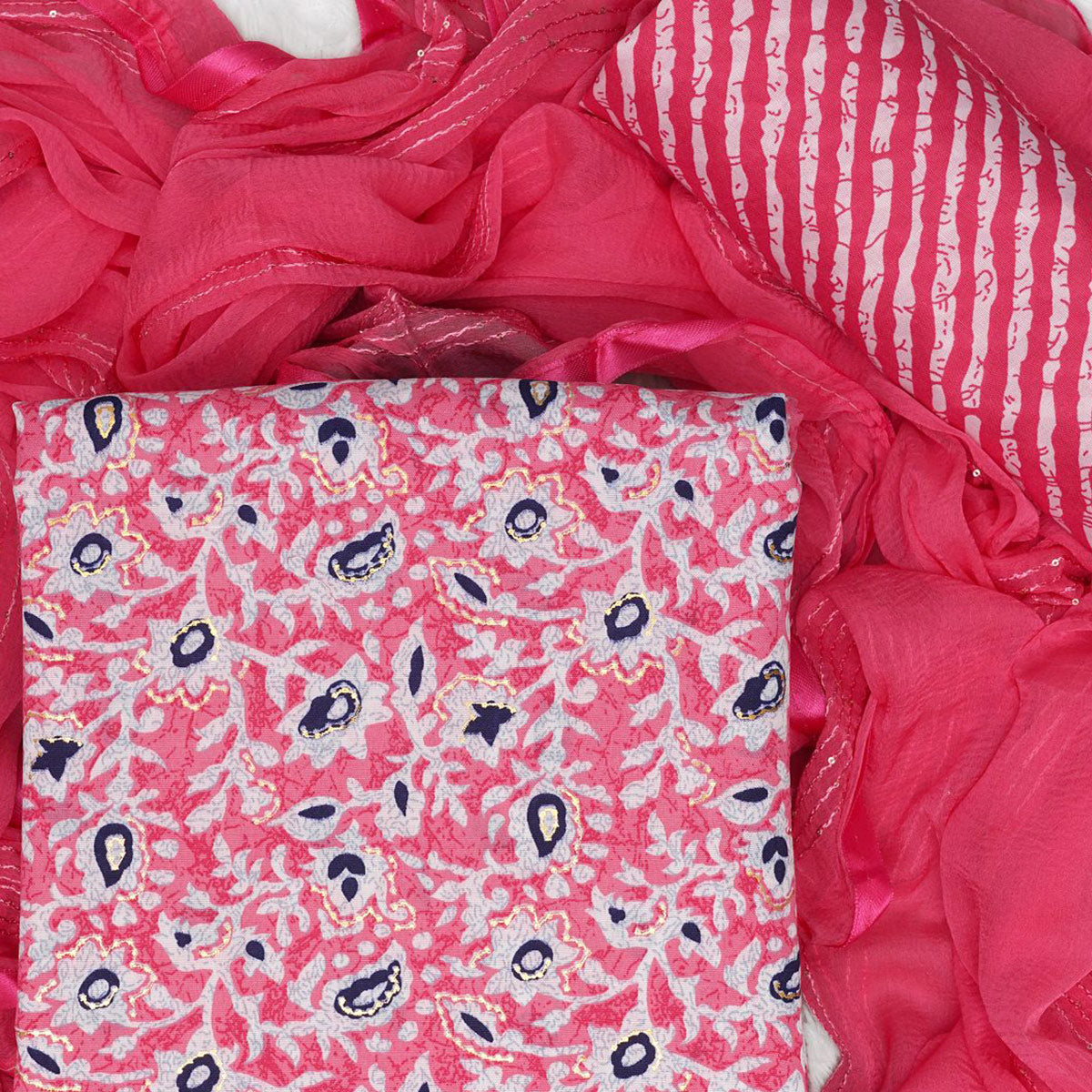 Peach Foil Printed Cotton Blend Dress Material