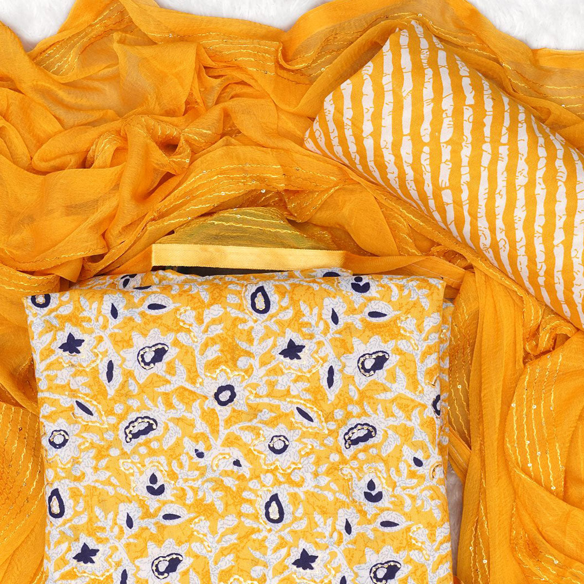 Yellow Foil Printed Cotton Blend Dress Material