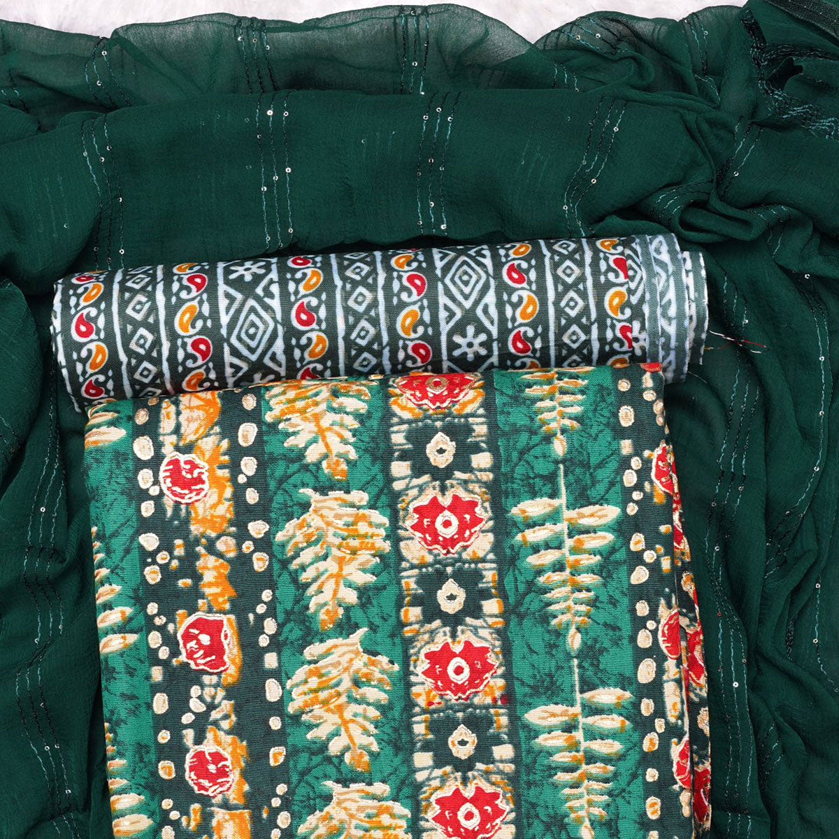 Green Foil Printed Cotton Blend Dress Material