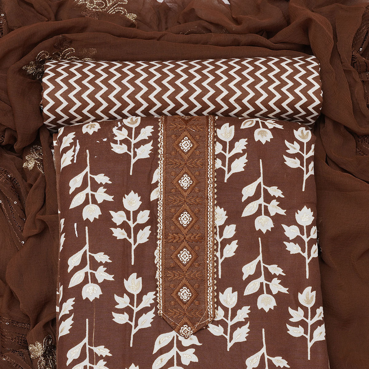 Brown Foil Printed Cotton Blend Dress Material