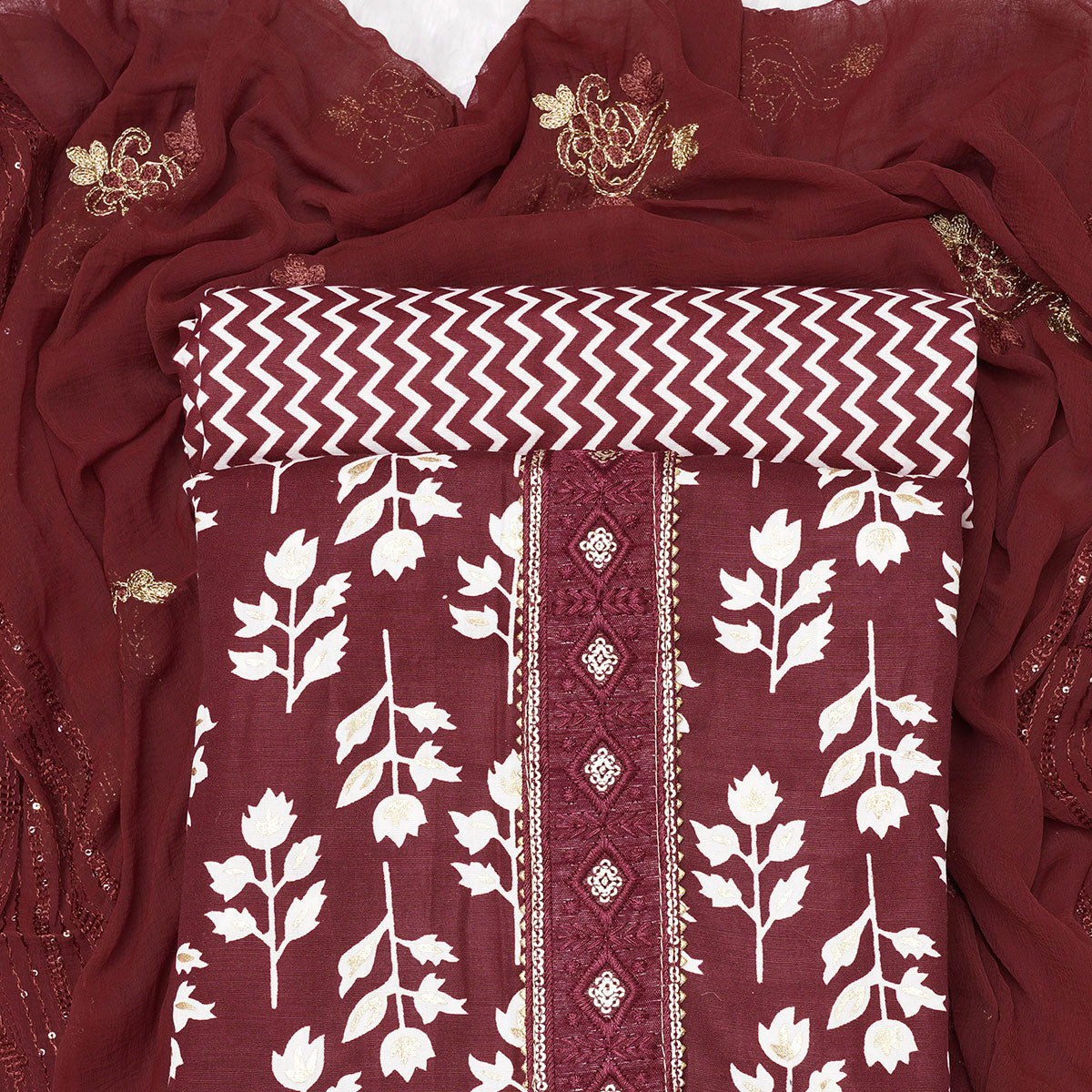 Maroon Foil Printed Cotton Blend Dress Material