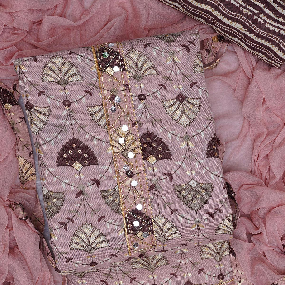 Mauve Floral Foil Printed Cotton Blend Dress Material