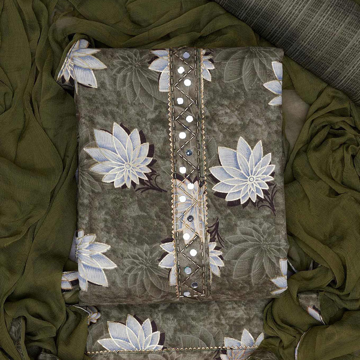 Green Floral Foil Printed Cotton Blend Dress Material