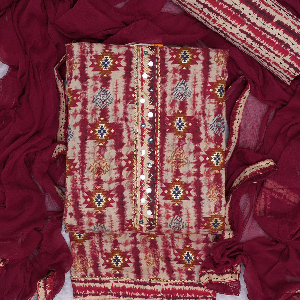 Maroon Foil Printed Cotton Blend Dress Material