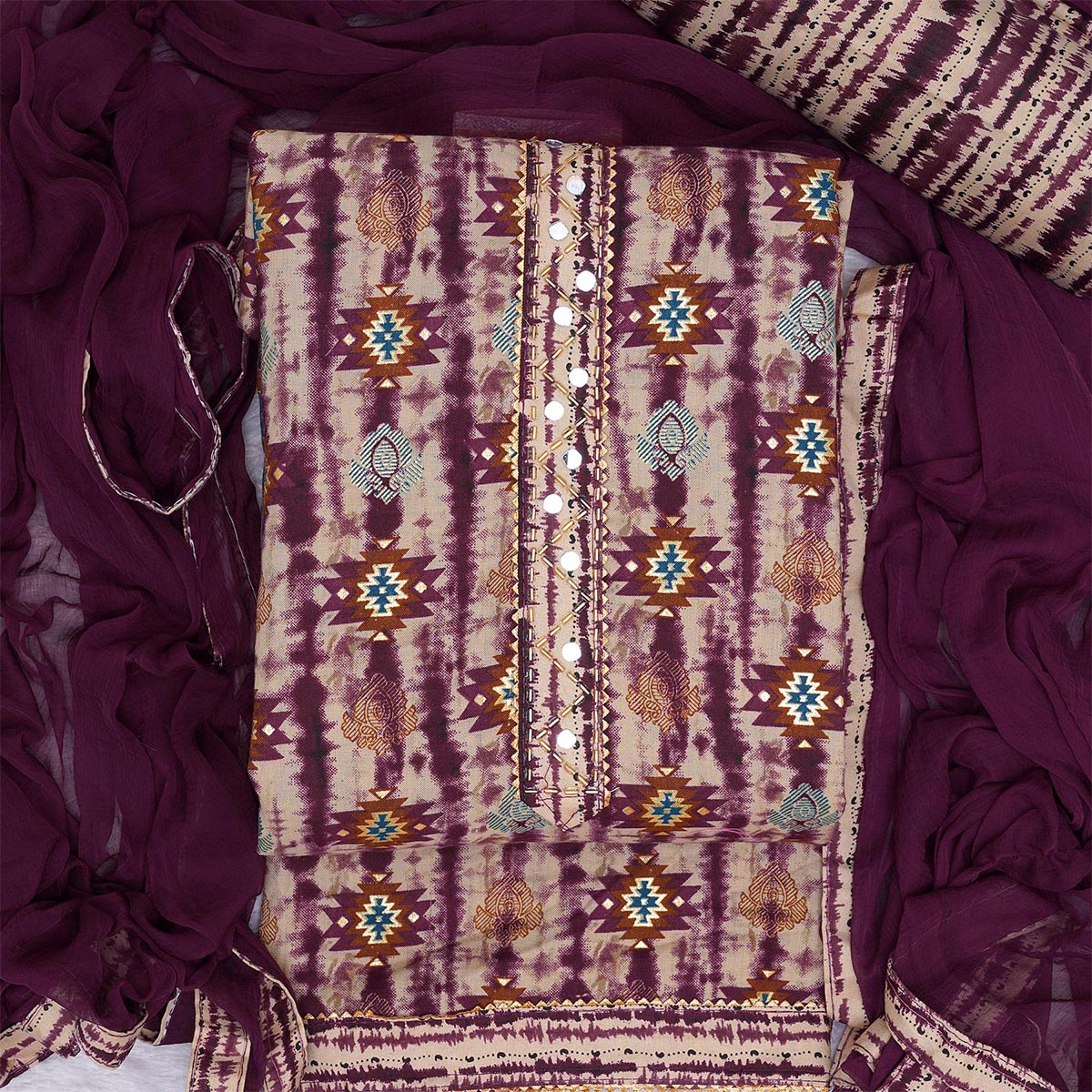 Wine Foil Printed Cotton Blend Dress Material