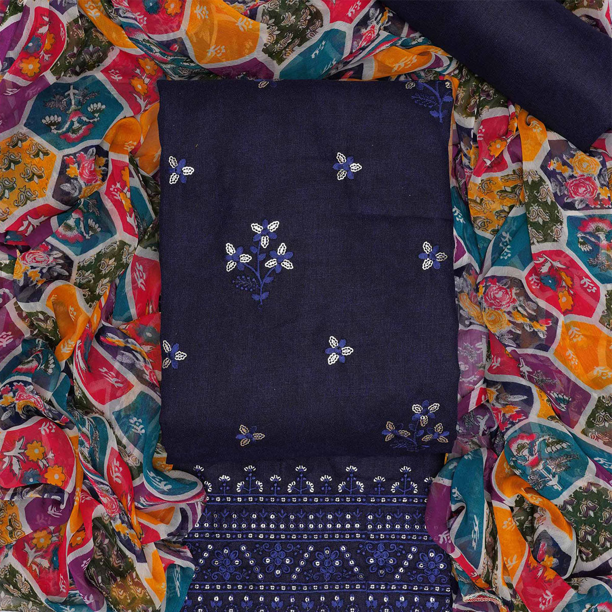 Blue Floral Embroidered Cotton Blend Dress Material
