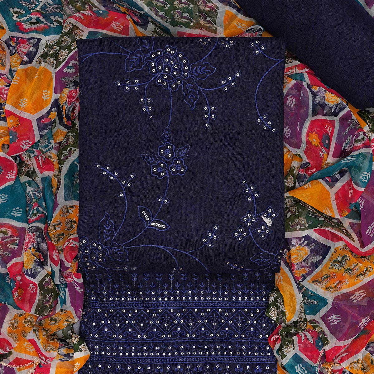 Blue Floral Embroidered Cotton Blend Dress Material