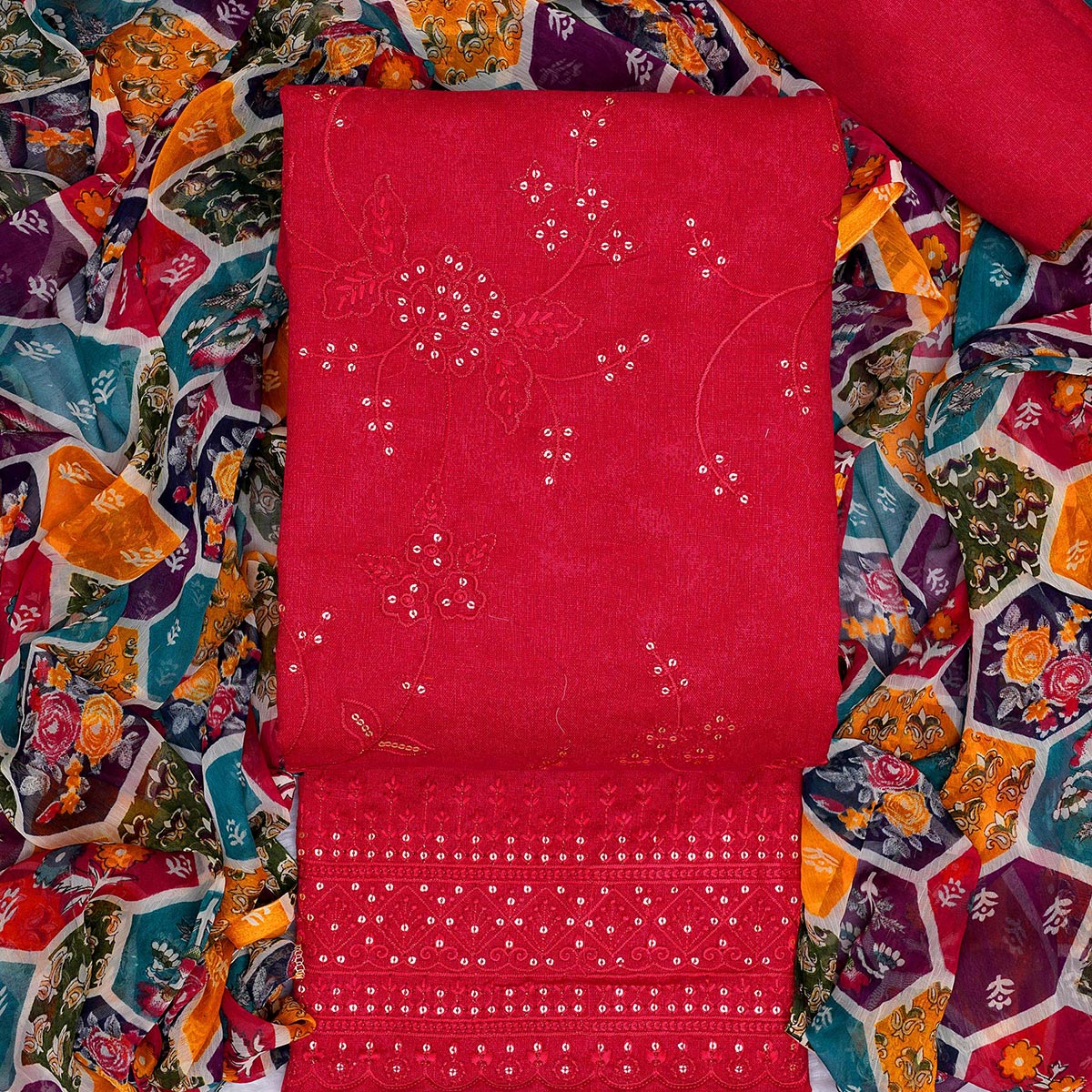 Red Floral Embroidered Cotton Blend Dress Material